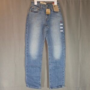 Levis 501 Curve Stretch High Rise Straight Leg Blue Jeans 25x30 Medium Wash